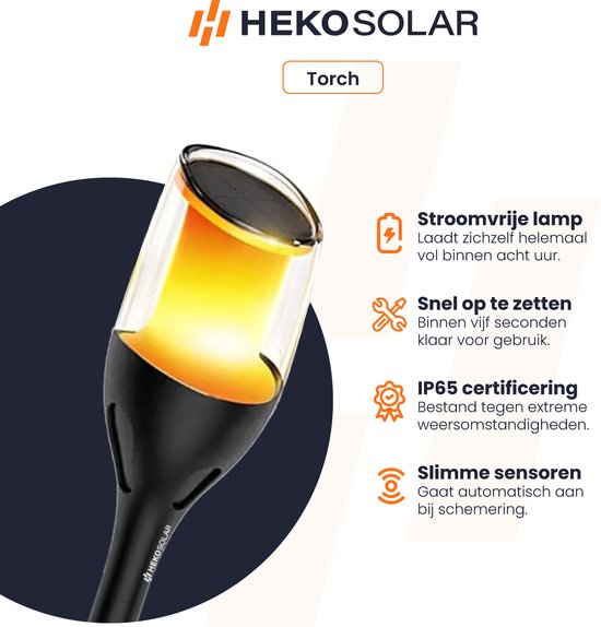 HEKO Solar® Tuinverlichting Torch - 4 Stuks - Fakkels - Solar Tuinverlichting Op Zonne Energie - Automatisch Aan/Uit - Eenvoudige Installatie - HEKO Solar