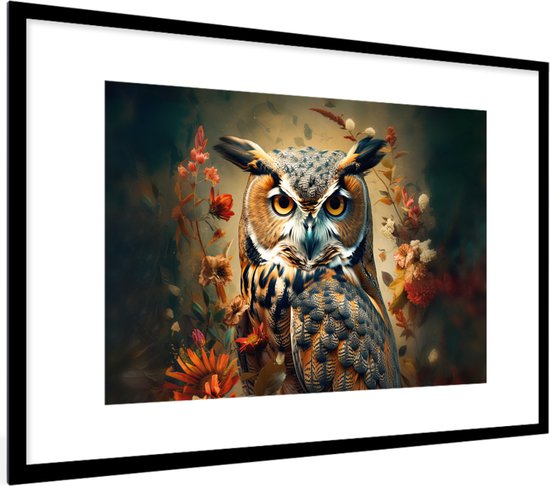 Cadre photo avec affiche - Hibou - Vogel - Fleurs - Plantes - Botanique - 60x40 cm - Cadre pour affiche