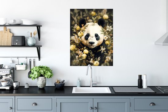 Poster Panda - Ours panda - Animaux sauvages - Nature - Fleurs - 60x80 cm