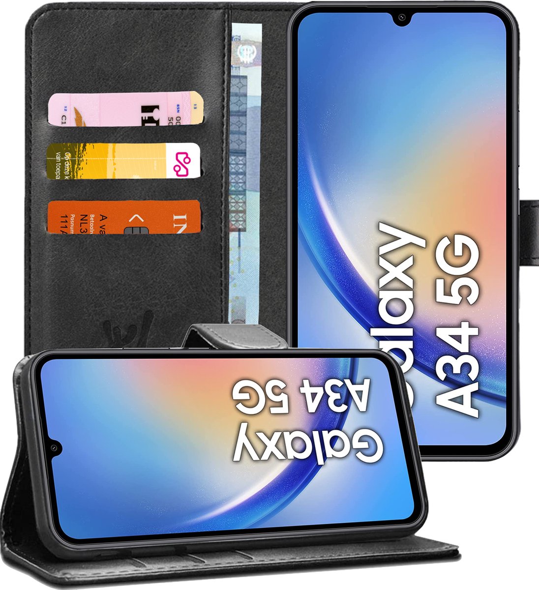 Hoesje geschikt voor Samsung Galaxy A34 - Book Case Kunstleer Pasjeshouder Zwart