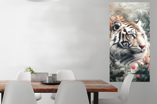 Poster Tijger - Wilde dieren - Bloemen - Jungle - 60x120 cm