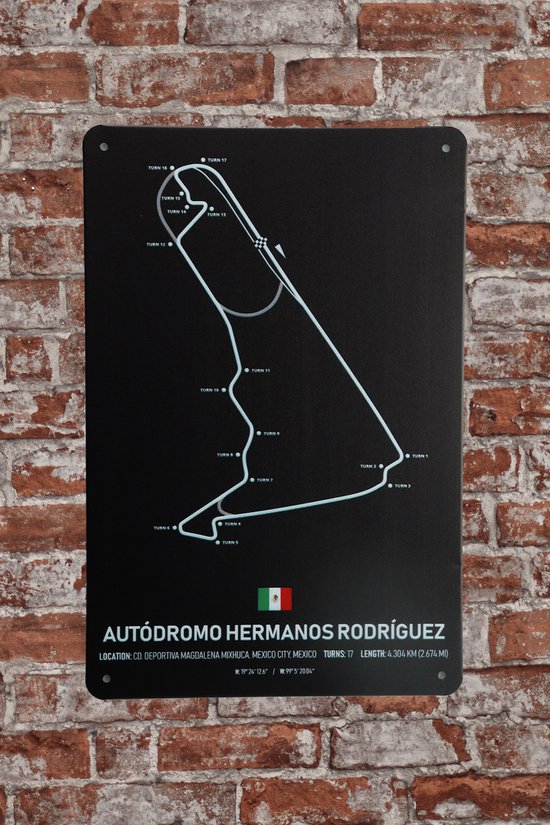 Wandbord – Autodromo Hermanos Rodriguez - Metalen wandbord - Wandborden – Formule 1 - Metalen bord - Mancave - Mancave decoratie - Tekst bord - Retro - Metal sign - Bar decoratie - Decoratie - Metalen borden - Cadeau - UV bestendig - 20 x 30cm