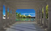Fotobehang - Vlies Behang - 3D Uitzicht op het Tropische Paradijs vanaf het Terras met Pilaren - 368 x 254 cm