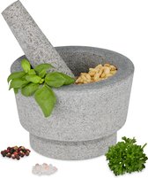 Relaxdays vijzel met stamper - graniet - 15 cm - stenen mortier - kruiden malen - keuken