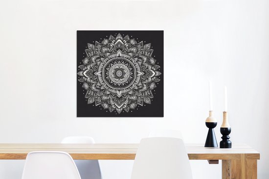 Wanddecoratie Metaal - Aluminium Schilderij Industrieel - Mandala - Zwart wit - Bloemen - Bohemian - Natuur - 50x50 cm - Dibond - Foto op aluminium - Industriële muurdecoratie - Voor de woonkamer/slaapkamer