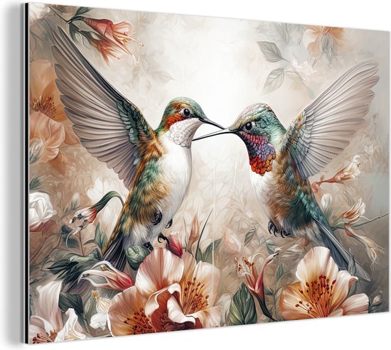 Wanddecoratie Metaal - Aluminium Schilderij Industrieel - Kolibrie - Vogels - Bloemen - Natuur - 60x40 cm - Dibond - Foto op aluminium - Industriële muurdecoratie - Voor de woonkamer/slaapkamer