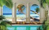 Fotobehang - Vlies Behang - Tropisch Uitzicht op de Palmbomen, Zee en het Strand door de Pilaren - 3D - 208 x 146 cm