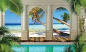 Fotobehang - Vlies Behang - Tropisch Uitzicht op de Palmbomen, Zee en het Strand door de Pilaren - 3D - 208 x 146 cm