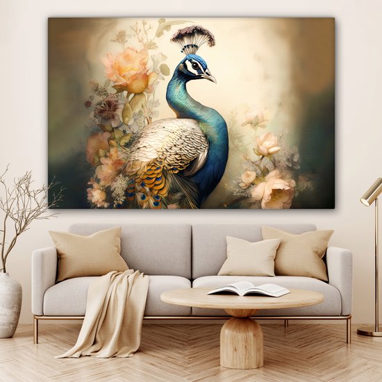 Tableau sur toile Paon - Plumes de paon - Fleurs - Vogels - Botanique - 180x120 cm - Décoration murale XXL