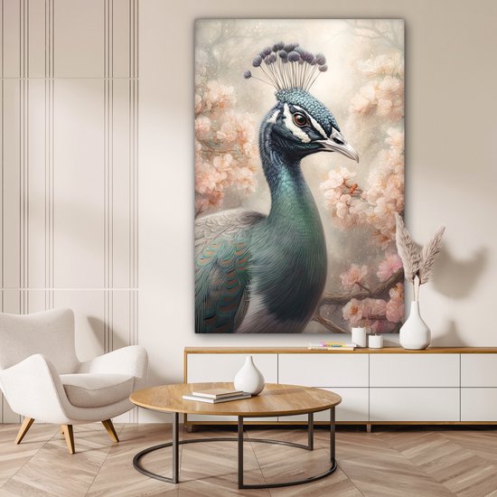 Tableau sur toile Paon - Vogels - Fleurs - Arbre - Botanique - 120x180 cm - Décoration murale XXL
