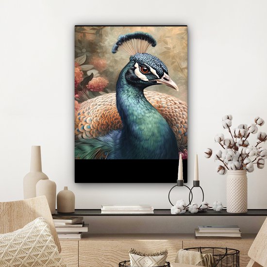 Tableau sur toile Paon - Vogel - Fleurs - Plantes - Plumes de Paon - 80x60 cm - Décoration murale