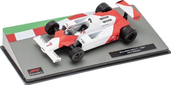 McLaren MP4/1 raceauto met nummer 7, wit met rode accenten en Unipart logo.