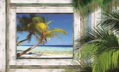 Fotobehang - Vlies Behang - 3D Tropisch Uitzicht op de Palmbomen, Zee en het Strand door het Houten Raam - 254 x 184 cm