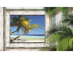 Fotobehang - Vlies Behang - 3D Tropisch Uitzicht op de Palmbomen, Zee en het Strand door het Houten Raam - 254 x 184 cm