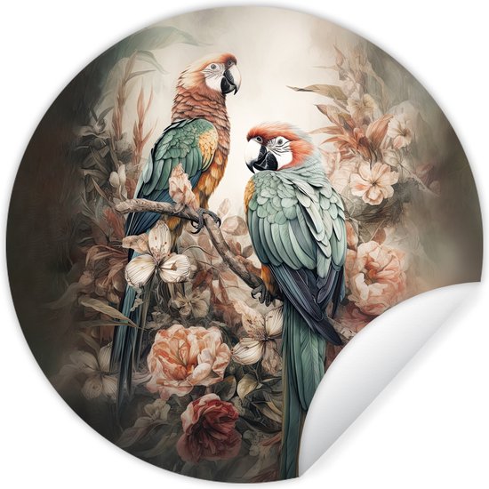 WallCircle - Stickers muraux - Cercle Papier Peint - Perroquets - Vogels - Nature - Fleurs - 30x30 cm - Cercle Mural - Auto Adhésif - Autocollant Rond Papier Peint