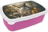 Broodtrommel Roze - Lunchbox - Brooddoos - Uil - Vogels - Bloemen - Natuur - 18x12x6 cm - Kinderen - Meisje