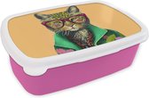 Broodtrommel Roze - Lunchbox - Brooddoos - Dieren - Kat - Bril - Bloemen - Hippie - 18x12x6 cm - Kinderen - Meisje