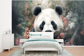 Behang - Fotobehang Panda - Wilde dieren - Bloemen - Natuur - Breedte 375 cm x hoogte 280 cm