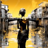 JJ-Art (Canvas) 100x100 | Vrouw in Venetië, abstract in goud, deels in zwart wit, kunst – woonkamer – slaapkamer | vierkant, Italië,goud, zwart wit, bruin, geel, modern | Foto-Schilderij print (wanddecoratie)