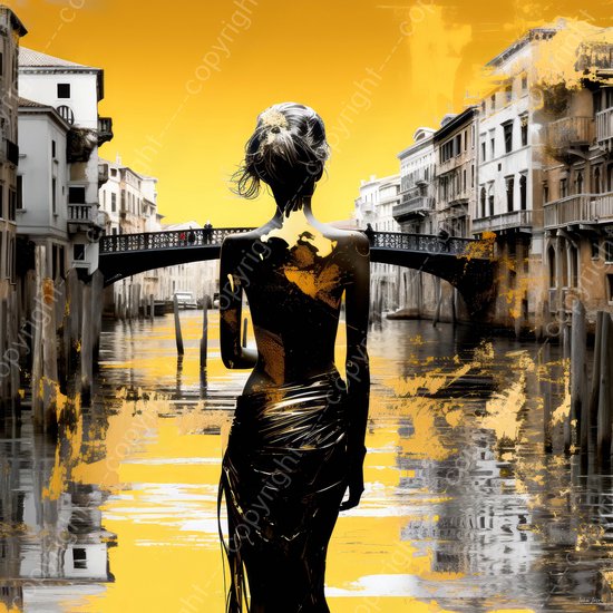 JJ-Art (Aluminium) 80x80 | Vrouw in Venetië, abstract in goud, deels in zwart wit, kunst – woonkamer – slaapkamer | vierkant, Italië, goud, zwart wit, bruin, geel, modern | binnen buiten, foto-schilderij print op dibond, metaal wanddecoratie