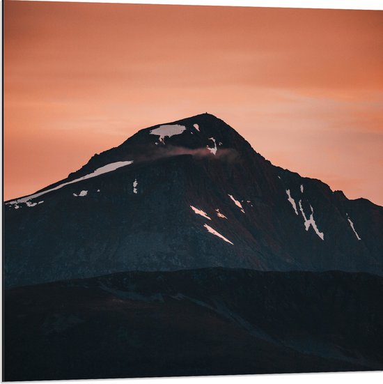 Dibond - Bergen - Bomen - Sneeuw - Oranje - Bergtop - 80x80 cm Foto op Aluminium (Met Ophangsysteem)