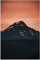 Poster Glanzend – Bergen - Bomen - Sneeuw - Oranje - Bergtop - 50x75 cm Foto op Posterpapier met Glanzende Afwerking