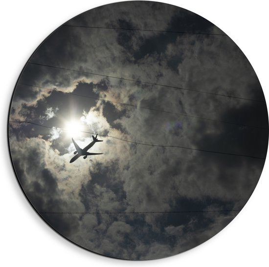 Dibond Muurcirkel - Passagiersvliegtuig Zwemmend bij de Zon langs de Wolken - 40x40 cm Foto op Aluminium Muurcirkel (met ophangsysteem)