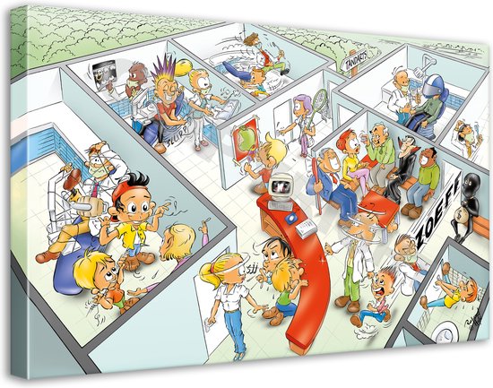Tandarts Cartoon op canvas - Roland Hols - Praktijkkamers - 60 x 90 cm - Houten frame 4 cm dik - Orthodontist - Mondhygiënist