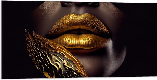 Acrylglas - Mond van Persoon met Gouden Details tegen Zwarte Achtergrond - 100x50 cm Foto op Acrylglas (Met Ophangsysteem)