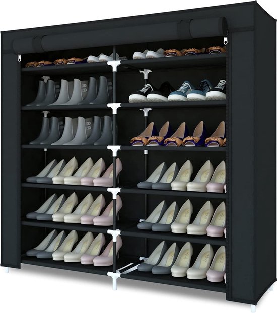 Schoenenrek 7-laags canvas, schoenenkast, schoenenrek staand voor woonkamer, hal, schoenenopbergorganizer voor 36 paar schoenen met stofdichte hoes, 110 cm* 115 cm* 30 cm, zwart