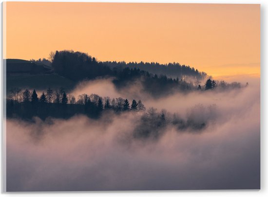 Acrylglas - Bergen - Bomen - Wolken - Mist - Huisje - 40x30 cm Foto op Acrylglas (Met Ophangsysteem)