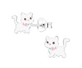 Oorbellen meisje | Zilveren kinderoorbellen | Zilveren oorstekers, witte kat met roze strikje
