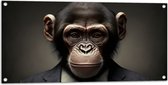Tuinposter – Portretfoto van Chimpansee Aap in Zakelijk Pak met Gestreepte Stropdas - 100x50 cm Foto op Tuinposter (wanddecoratie voor buiten en binnen)