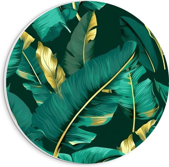 PVC Schuimplaat Muurcirkel - Groene Palmbladeren met Gouden Details - 20x20 cm Foto op Muurcirkel (met ophangsysteem)