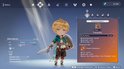 Een personage genaamd 'Wanderer' met blond haar en een groene jas wordt getoond in een menu. Op het scherm staan statistieken, een uitrustingsscherm en een wapen genaamd 'Tranquility'.