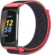Nylon Smartwatch bandje - Geschikt voor Fitbit Charge 5 / Fitbit Charge 6 nylon bandje - koraal/zwart - Strap-it Horlogeband / Polsband / Armband