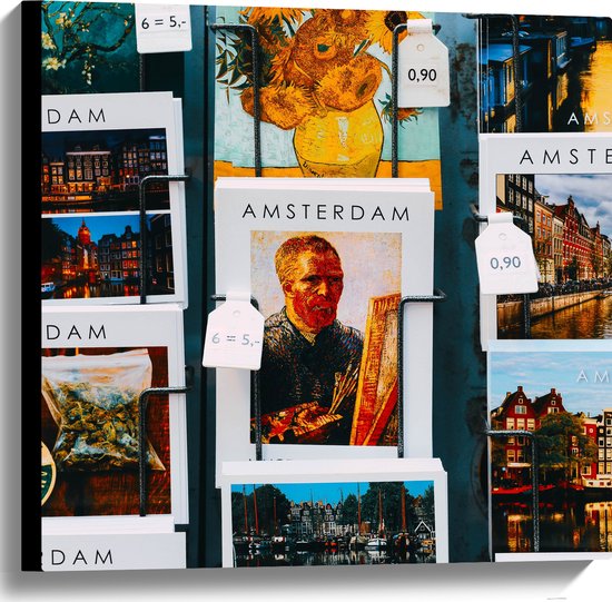Canvas - Amsterdamse Ansichtkaarten in het Rek - 60x60 cm Foto op Canvas Schilderij (Wanddecoratie op Canvas)