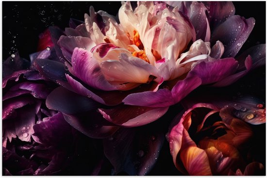 Poster Glanzend – Paars-Roze Kleurige Open Bloem met Waterdruppels - 75x50 cm Foto op Posterpapier met Glanzende Afwerking