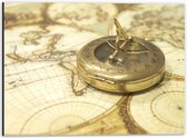 Dibond - Gouden Kompas op Wereldkaart - 40x30 cm Foto op Aluminium (Wanddecoratie van metaal)
