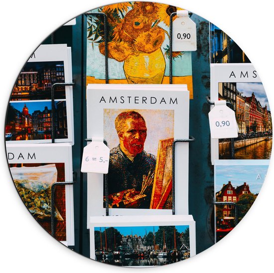 Dibond Muurcirkel - Amsterdamse Ansichtkaarten in het Rek - 70x70 cm Foto op Aluminium Muurcirkel (met ophangsysteem)
