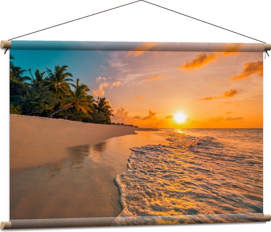 Textielposter - Laagstaande Zon boven de Zee bij Onbewoond Eiland - 90x60 cm Foto op Textiel