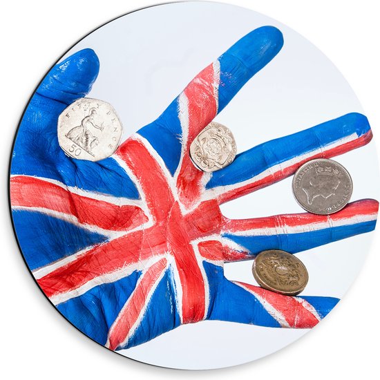 Dibond Muurcirkel - Engelse Vlag en Valuta op Handpalm - 30x30 cm Foto op Aluminium Muurcirkel (met ophangsysteem)