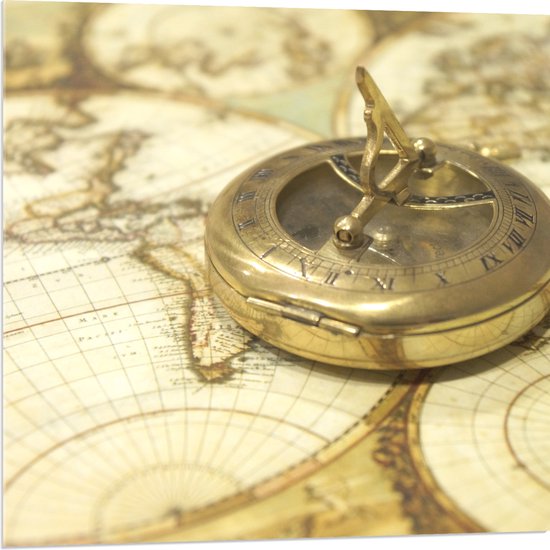 Acrylglas - Gouden Kompas op Wereldkaart - 80x80 cm Foto op Acrylglas (Met Ophangsysteem)