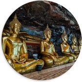 Dibond Muurcirkel - Rijen Gouden Boeddha's in Wat Tham Khuha Sawan Tempel in Thailand - 60x60 cm Foto op Aluminium Muurcirkel (met ophangsysteem)