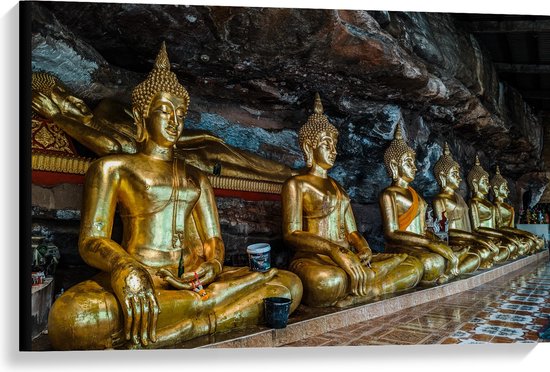 Canvas - Rijen Gouden Boeddha's in Wat Tham Khuha Sawan Tempel in Thailand - 90x60 cm Foto op Canvas Schilderij (Wanddecoratie op Canvas)