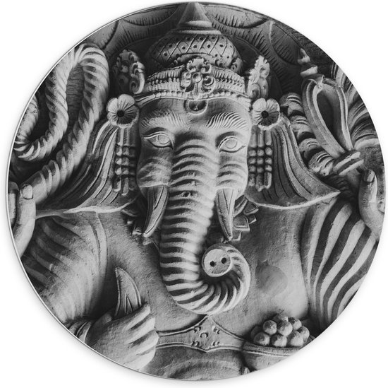 PVC Schuimplaat Muurcirkel - Stenen Ganesha Beeld met Details van Bloemen - 70x70 cm Foto op Muurcirkel (met ophangsysteem)