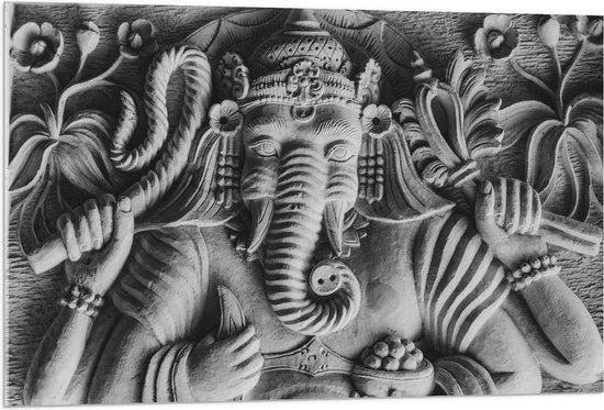 Acrylglas - Stenen Ganesha Beeld met Details van Bloemen - 105x70 cm Foto op Acrylglas (Met Ophangsysteem)