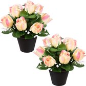 Louis Maes Kunstbloemen klein boeketje rozen in pot - 2x - creme/lichtroze - H25 cm - Bloemstuk - Bladgroen