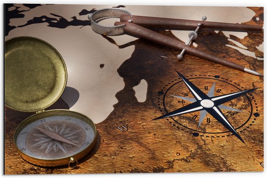 Dibond - Kompas op Wereldkaart - 60x40 cm Foto op Aluminium (Wanddecoratie van metaal)