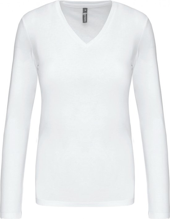 T-shirt Dames L Kariban V-hals Lange mouw White 100% Katoen